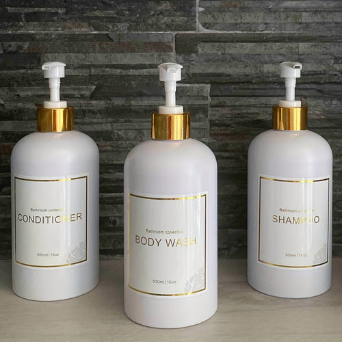 Sada plniteľných sprchových fliaš s pumpičkou a etiketami