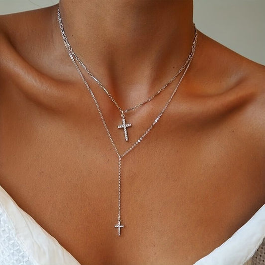 Minimalistický štýl dvojvrstvový retiazkový náhrdelník s kamienkovým krížom